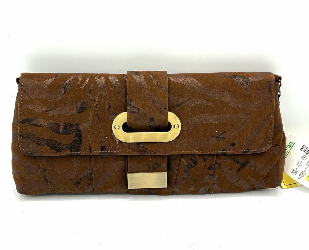 Vintage Magid Brown Faux Suede Print Clutch Shoulder Bag Chain Strap NOS